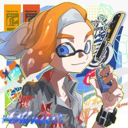 Rule 34 | 1boy, blue eyes, closed mouth, grey shirt, inkling, inkling boy, inkling player character, kiwi splatoon, looking at viewer, male focus, multicolored background, nintendo, orange hair, pointy ears, print shirt, shirt, short hair, short ponytail, smile, solo, splatana wiper (splatoon), splatoon (series), splatoon 3, sword, tentacle hair, thick eyebrows, weapon