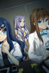 Rule 34 | 3girls, blue eyes, blue hair, blunt bangs, bow, bowtie, brown hair, collarbone, dutch angle, explosive, expressionless, glasses, grenade, hair ornament, hairpin, indoors, jeneban, lab coat, long hair, lowres, microscope, multiple girls, open mouth, parted bangs, purple eyes, purple hair, sigmund (sword girls), standing, sword girls, very long hair, wings