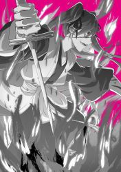 Rule 34 | 1girl, absurdres, black ribbon, bleach, bleach: sennen kessen-hen, eyepatch, fighting stance, fire, greyscale, hair between eyes, haori, highres, holding, holding sword, holding weapon, japanese clothes, katana, long hair, long sleeves, looking to the side, lower teeth only, monochrome, obi, oinari (koheihei1109), open mouth, pink background, ribbon, saitou furoufushi, sash, shinigami, smile, solo, sword, teeth, twintails, weapon, wide-eyed