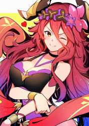 Rule 34 | 1girl, breasts, closed mouth, dragalia lost, flower, hair flower, hair ornament, highres, large breasts, long hair, looking at viewer, mym (dragalia lost), nakabayashi zun, official alternate costume, one eye closed, red hair, smile, swimsuit, upper body