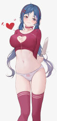 10_plus 1girl absurdres arms_behind_back blue_eyes blue_hair blush breasts choker cleavage_cutout closed_mouth clothing_cutout collarbone commentary_request covered_erect_nipples crazy_mita_(miside) fang hair_ornament hairband hairclip heart heart-shaped_pupils heart_cutout highres holding holding_knife knife large_breasts long_hair looking_to_the_side low_twintails miside mita_(miside) navel panties print_panties red_choker red_hairband red_shirt red_thighhighs shirt simple_background skin_fang skindentation solo symbol-shaped_pupils thighhighs twintails underwear white_background white_panties