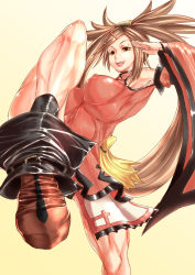 Rule 34 | 1girl, armpits, breasts, brown eyes, brown hair, china dress, detached sleeves, covered erect nipples, fighting stance, guilty gear, hair ornament, hairclip, highres, kuradoberi jam, large breasts, leg up, long hair, matching hair/eyes, nontan (nontanexx), open mouth, red skirt, skirt, smile, solo, thighs, toned, very long hair