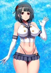 Rule 34 | 1girl, bare shoulders, black hair, black panties, blush, breasts, cosplay, crop top, elbow gloves, g-string, gloves, hat, highleg, highleg panties, ishimiso (ishimura), kantai collection, large breasts, looking at viewer, microskirt, midriff, miniskirt, navel, panties, personification, pleated skirt, red eyes, sailor collar, shimakaze (kancolle) (cosplay), shimakaze (kancolle), shirt, short hair, skirt, smile, solo, takao (kancolle), taut clothes, taut shirt, thigh gap, thong, underwear, white gloves