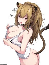 Rule 34 | 1girl, animal ears, arknights, ass, bad id, bad pixiv id, blonde hair, bottomless, breasts, cleavage, collar, cowboy shot, dated, ddangbi, downblouse, english text, large breasts, lion ears, lion girl, lion tail, long hair, looking at viewer, no bra, no panties, open mouth, shirt, siege (arknights), simple background, solo, standing, tail, white background, white shirt