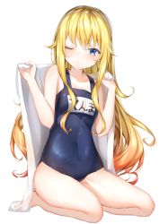 Rule 34 | 1girl, bare arms, bare shoulders, blonde hair, blue eyes, blue one-piece swimsuit, closed mouth, collarbone, covered navel, frown, gabriel dropout, highres, holding, holding towel, long hair, looking at viewer, name tag, one-piece swimsuit, one eye closed, school swimsuit, seiza, shiero., simple background, sitting, solo, swimsuit, gabriel tenma white, thighs, towel, v-shaped eyebrows, very long hair, wet, white background