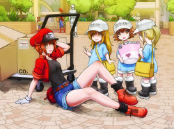 Rule 34 | 2boys, 6+girls, ae-3803, age difference, ahoge, apron, arm support, artist logo, bag, bandaid, baseball cap, basket, belt, black footwear, black shirt, black socks, blonde hair, blue flower, blue shirt, blue shorts, bob cut, boots, box, breasts, brick wall, brown eyes, brown hair, building, bush, cabbie hat, canister, cardboard box, cityscape, clothes writing, commentary, cropped jacket, day, denim, denim shorts, dress, english commentary, fallen down, fanny pack, fire escape, flipped hair, flower, foliage, frilled apron, frills, full body, gloves, hair between eyes, hands on own head, hat, hataraku saibou, heart, holding, holding bandaid, holding basket, holding box, injury, jacket, julia lichty, knees up, leaning back, long hair, looking at another, looking at viewer, loose socks, macrophage (hataraku saibou), maid, messenger bag, mob cap, multiple boys, multiple girls, on ground, open clothes, open jacket, open mouth, outdoors, package, people, platelet (hataraku saibou), pushcart, red bag, red belt, red blood cell (hataraku saibou), red flower, red footwear, red hair, red jacket, ribbed socks, scraped knee, shirt, shoes, short hair, short shorts, short sleeves, shorts, shoulder bag, sitting, small breasts, smile, sneakers, socks, standing, t-shirt, taut clothes, taut shirt, translated, tree, very short hair, walking, watermark, web address, white apron, white blood cell (hataraku saibou), white dress, white gloves, white hair, white headwear, wicker basket, yellow bag, yellow eyes