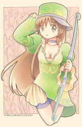 Rule 34 | 1girl, blue choker, blush, bow (weapon), breasts, brown eyes, brown hair, character name, choker, claudia (saga), cleavage, commentary request, cowboy shot, cropped legs, dress, emurin, frilled skirt, frills, green dress, green hat, hat, holding, holding bow (weapon), holding weapon, juliet sleeves, long hair, long sleeves, looking at viewer, medium breasts, open mouth, puffy sleeves, romancing saga minstrel song, saga, shako cap, skirt, solo, very long hair, weapon, wide sleeves