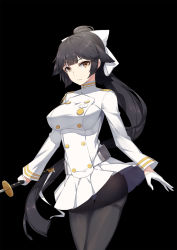 Rule 34 | 1girl, arms at sides, azur lane, black background, black hair, black pantyhose, blunt bangs, bow, breasts, buttons, commentary request, cowboy shot, gloves, hair bow, high collar, highres, holding, holding sword, holding weapon, large breasts, long hair, long sleeves, looking at viewer, military, military uniform, miniskirt, panties, pantyhose, pantyshot, ponytail, simple background, skirt, solo, standing, sword, takao (azur lane), underwear, uniform, very long hair, weapon, white gloves, yueye (blbl-y)