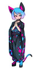 Rule 34 | 1girl, absurdres, aqua socks, bad id, bad tumblr id, black choker, blue eyes, blue hair, bob cut, choker, full body, heterochromia, highres, horizontal-striped tail, japanese clothes, kimono, long sleeves, looking at viewer, open mouth, original, own hands together, pink socks, red eyes, short hair, simple background, slugbox, smile, socks, solo, standing, striped, striped tail, tabi, tail, vomi agogo (slugbox), white background, wide sleeves