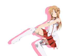 Rule 34 | 10s, 1girl, absurdres, adjusting clothes, adjusting legwear, akou (phoenix777), asuna (sao), blush, brown eyes, brown hair, feet, highres, long hair, long legs, no shoes, outstretched leg, skirt, smile, solo, sword art online, thighhighs, thighhighs pull, thighs, white thighhighs