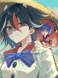 Rule 34 | 2girls, :o, black hair, blue bow, blue bowtie, blue hair, blue sky, bow, bowl, bowl hat, bowtie, closed mouth, commentary, frilled kimono, frills, hands on headwear, hat, highres, horns, japanese clothes, kijin seija, kimono, long sleeves, looking at viewer, mini person, minigirl, multicolored hair, multiple girls, open mouth, red eyes, red hair, red kimono, shirt, short hair, sitting on shoulder, sky, split mouth, straw hat, streaked hair, sukuna shinmyoumaru, touhou, upper body, white hair, white shirt, wide sleeves, yanfei u
