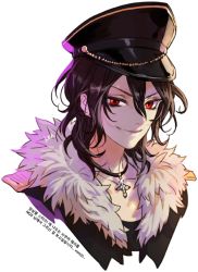 Rule 34 | 1boy, black hat, brown hair, closed mouth, commentary request, earrings, ensemble stars!, fur trim, hair between eyes, hat, jewelry, korean commentary, korean text, looking at viewer, male focus, necklace, oollnoxlloo, peaked cap, red eyes, sakuma rei (ensemble stars!), smile, solo, transparent background