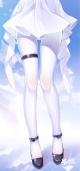 Rule 34 | 1girl, absurdres, black footwear, blue sky, cloud, cloudy sky, commentary request, day, dress, fengli (709622571), heart, highres, legs, lower body, original, outdoors, pantyhose, pixiv id, pleated dress, shoes, skindentation, sky, solo, thigh strap, thighs, white dress, white pantyhose