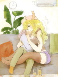 Rule 34 | 10s, 1boy, 1girl, absurdres, age difference, air conditioner, between breasts, black thighhighs, blonde hair, blush, breasts, child, cleavage, clock, closed eyes, couch, cup, dragon horns, drinking glass, drinking straw, french kiss, hand on another&#039;s face, hand on another&#039;s shoulder, hat, heart, hetero, highres, horns, indoors, kiss, kobayashi-san chi no maidragon, large breasts, leg between thighs, long hair, lucoa (maidragon), magatsuchi shouta, pants, pillow, plant, purple hair, shirt, short shorts, shorts, sitting, straw, t-shirt, table, tank top, text focus, thighhighs
