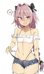 Rule 34 | 1boy, astolfo (fate), black panties, blush, bow, braid, braided ponytail, cowboy shot, crop top, crossdressing, denim, denim shorts, fang, fate/grand order, fate (series), frills, hair bow, hair intakes, heart, highres, looking at viewer, male focus, midriff, multicolored hair, nabibutter, navel, open mouth, panties, panty pull, pink eyes, pink hair, pulling own clothes, shorts, simple background, spoken heart, streaked hair, sweat, sweatdrop, thighhighs, trap, underwear, white thighhighs