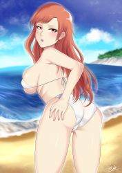Rule 34 | 1girl, absurdres, artist name, ass, beach, bent over, bikini, breasts, character request, hand on ass, highres, large breasts, legs, long hair, looking at viewer, looking back, ocean, open mouth, red eyes, red hair, sideboob, swimsuit, thighs, water, white bikini