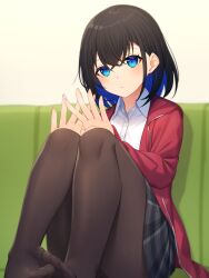 Rule 34 | 1girl, black hair, black pantyhose, black skirt, blue eyes, blue hair, blush, closed mouth, collared shirt, colored inner hair, couch, crossed bangs, feet, hair between eyes, highres, hood, hoodie, indoors, knees up, legs, light frown, looking at viewer, multicolored hair, nishino eri, no shoes, on couch, open clothes, open hoodie, original, pantyhose, plaid, plaid skirt, red hoodie, school uniform, shirt, short hair, sitting, skirt, solo, toes, two-tone hair, uniform, white background