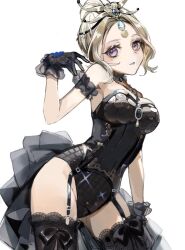 Rule 34 | 1girl, black bow, black collar, black gloves, black leotard, black thighhighs, blonde hair, bow, circlet, collar, contrapposto, cowboy shot, detached sleeves, facial mark, garter straps, gloves, hair bun, hand up, identity v, ito karasu, jewelry, lace, lace-trimmed legwear, lace trim, leotard, looking at viewer, margaretha zelle, margaretha zelle (krono), necklace, official alternate costume, parted bangs, parted lips, purple eyes, short sleeves, showgirl skirt, single hair bun, solo, strapless, strapless leotard, thighhighs