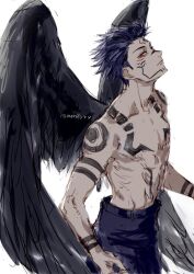 Rule 34 | 1boy, arm tattoo, black feathers, black hair, black pants, commentary request, cowboy shot, facial tattoo, feathered wings, feathers, jujutsu kaisen, looking at viewer, male focus, nori20170709, pants, red eyes, ryoumen sukuna (jujutsu kaisen), short hair, sideways glance, simple background, solo, tattoo, topless male, twitter username, white background, wings