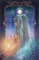 10s 1girl blue_eyes breasts dress flower grey_hair hair_ornament highres jewelry lailah_(tales) long_hair moon ponytail star_(symbol) tales_of_(series) tales_of_zestiria veil window