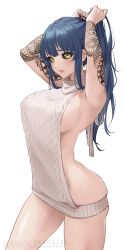 Rule 34 | 1girl, aran sweater, arm tattoo, armpits, arms up, backless outfit, bare arms, bare back, bare shoulders, black nails, black sclera, blue hair, blush, breasts, cable knit, colored sclera, commission, cowboy shot, drawstring, embarrassed, expulse, hair tie, halterneck, highres, long hair, looking at viewer, meme attire, nail polish, naked sweater, narrow waist, no bra, original, ribbed sweater, sideboob, simple background, skindentation, solo, sweater, tattoo, turtleneck, turtleneck sweater, tying hair, virgin killer sweater, watermark, white background, yellow eyes