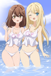 Rule 34 | 2girls, :d, ;d, absurdres, bare shoulders, bikini, bikini bottom only, blonde hair, blue eyes, breasts, brown eyes, brown hair, chloe lemaire, cleavage, clothes writing, contrapposto, crop top, day, girlfriend (kari), hand on another&#039;s hip, hand on another&#039;s shoulder, highres, hip focus, long hair, medium breasts, multiple girls, navel, ocean, one eye closed, open mouth, outdoors, refraction, shiina kokomi, short hair, skindentation, smile, standing, swept bangs, swimsuit, tank top, very long hair, vzmk2, wading, water, waving, wet, white bikini
