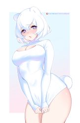 Rule 34 | 1girl, absurdres, animal ears, blue background, blue eyes, breasts, cleavage, cleavage cutout, clothing cutout, covering privates, covering crotch, dress, gradient background, highres, long sleeves, medium breasts, multicolored eyes, original, patreon username, pink background, pink eyes, short hair, solo, sweater, sweater dress, tail, thighs, tofuubear, white background, white hair, white sweater