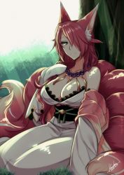 Rule 34 | 1girl, animal ears, bare shoulders, breasts, cleavage, closed mouth, commentary request, dated, fox ears, fox tail, green eyes, hair over one eye, hand up, japanese clothes, jewelry, kimono, konshin, large breasts, long hair, long sleeves, looking at viewer, multiple tails, necklace, obi, off shoulder, one eye covered, original, pearl necklace, red hair, sash, signature, sitting, sleeves past fingers, sleeves past wrists, smile, solo, tail, tree, under tree, white kimono, wide sleeves