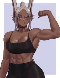 Rule 34 | 1girl, abs, animal ear fluff, animal ears, armpits, biceps, black choker, black pants, black sports bra, blush, boku no hero academia, breasts, choker, cleavage, clenched hand, commentary, dark-skinned female, dark skin, english commentary, eyeshadow, flexing, gud0c, highres, long eyelashes, long hair, makeup, medium breasts, midriff, mirko, muscular, muscular female, outside border, pants, parted bangs, ponytail, pouty lips, rabbit ears, rabbit girl, rabbit tail, raised eyebrows, silver hair, slit pupils, solo, sports bra, tail, thick arms, veins, veiny arms, wide hips, yoga pants