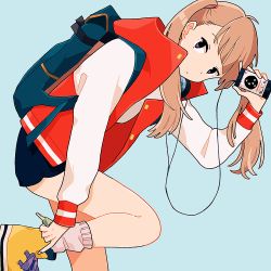 Rule 34 | 1girl, adjusting clothes, adjusting shoe, album cover, aqua background, backpack, bag, blue background, blunt bangs, brown hair, cable, closed mouth, cover, cross-laced footwear, digital media player, earphones, hair ornament, hair tie, hand up, jacket, key, kurokeisin, leg up, letterman jacket, listening to music, long hair, long sleeves, looking at viewer, miniskirt, original, red jacket, shirt, shoes, simple background, skirt, sneakers, socks, solo, standing, standing on one leg, twintails, white socks, yellow footwear