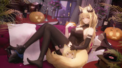 Rule 34 | 1girl, absurdres, animal ears, arknights, bare shoulders, black cat, black gloves, black shirt, black thighhighs, blemishine (arknights), blemishine (moon catastrborn) (arknights), blonde hair, blush, breasts, candelabra, candlestand, cat, character doll, cleavage, cleavage cutout, clothing cutout, couch, elbow gloves, flower, gloves, highres, horse ears, horse girl, horse tail, indoors, jack-o&#039;-lantern, knees up, leaf, ling dianxia, looking at viewer, night, no shoes, phonograph, pink flower, shirt, single glove, sitting, smile, solo, table, tablecloth, tail, thighhighs, vase, window, yellow eyes