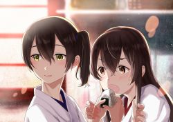 Rule 34 | 2girls, akagi (kancolle), check commentary, commentary request, food, kaga (kancolle), kantai collection, long hair, multiple girls, onigiri, open mouth, side ponytail, sneaking, tachikoma (mousou teikoku)