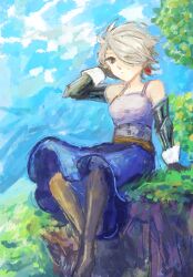 Rule 34 | 1girl, arm behind head, bare shoulders, blue skirt, blue sky, brown eyes, cliff, cloud, cloudy sky, commission, day, earrings, female focus, final fantasy, final fantasy iii, gauntlets, grass, hair over one eye, highres, jewelry, legendary smith (final fantasy iii), nature, on ground, outdoors, short hair, sitting, skeb commission, skirt, sky, solo, sugarstone 07, white hair