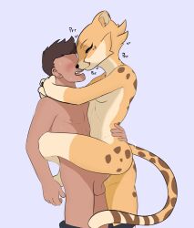 Rule 34 | 1boy, 1girl, animal nose, arm around waist, arms around neck, black hair, blue background, blush, borrowed character, breasts, cheetah ears, cheetah girl, cheetah tail, closed mouth, faceless, faceless male, from side, furry, furry female, furry with non-furry, haaru, half-closed eyes, heart, hetero, highres, interspecies, leg up, open mouth, original, penis, sex, short hair, small breasts, smile, standing, standing sex, sweat, tail, tall female, testicles