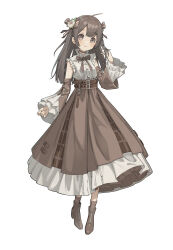 Rule 34 | 1girl, absurdres, ahoge, belt, blush, boots, bow, bowtie, breasts, brown dress, brown eyes, brown footwear, brown hair, choker, commentary, detached sleeves, dress, flower, frilled dress, frilled sleeves, frills, full body, hair bow, hair flower, hair ornament, hand in own hair, hano 1219, high heel boots, high heels, highres, long dress, long hair, looking at viewer, maid, multiple belts, original, simple background, sleeveless, sleeveless dress, small breasts, smile, solo, straight hair, symbol-only commentary, two side up, white background, zipper, zipper footwear, zipper pull tab
