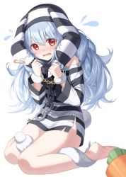 Rule 34 | 1girl, absurdres, animal ears, artist name, bare legs, barefoot, blue hair, blush, chain, collar, commentary request, crying, crying with eyes open, cuffs, don-chan (usada pekora), dress, full body, hand on own ear, harusame (user wawj5773), highres, hololive, long hair, long sleeves, metal collar, off-shoulder dress, off shoulder, open mouth, prison clothes, pulling own ear, rabbit ears, rabbit girl, rabbit tail, red eyes, short eyebrows, signature, sitting, solo, striped clothes, striped dress, striped headwear, tail, tears, thick eyebrows, usada pekora, usada pekora (prisoner), virtual youtuber, wariza, white background