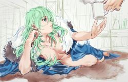 Rule 34 | 1girl, arm support, breasts, byleth (female) (fire emblem), byleth (fire emblem), cleavage, coffee mug, copyright request, cup, fire emblem, fur trim, green eyes, green hair, groin, hair between eyes, kaze-hime, long hair, lying, medium breasts, mug, nintendo, nudist, on side, open clothes, sketch, solo focus, unfinished