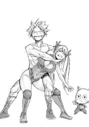 Rule 34 | 1boy, 1girl, angry, bare legs, breasts, curvy, fairy tail, fighting, grabbing, happy (fairy tail), large breasts, leotard, lucy heartfilia, mashima hiro, monochrome, natsu dragneel, pain, smile, sweat, thighhighs, twintails, wrestling