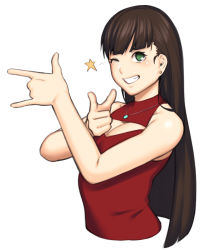 Rule 34 | 1girl, bare arms, bare shoulders, bishoujo senshi sailor moon, blush, breasts, cleavage, cleavage cutout, clothing cutout, copyright request, cropped torso, dyun, earrings, green eyes, grin, henshin pose, jewelry, looking at viewer, meme attire, necklace, one eye closed, open-chest sweater, pointing, pointing at viewer, red sweater, simple background, smile, solo, stud earrings, sweater, tsuki ni kawatte oshioki yo, upper body, white background
