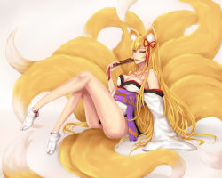 Rule 34 | 1girl, :p, aged up, animal ear fluff, animal ears, bare shoulders, blonde hair, bottomless, bow, breast tattoo, breasts, cleavage, folding fan, fox ears, fox tail, full body, green eyes, hair bow, hand fan, highres, japanese clothes, jing li, large breasts, large tail, lipstick, long hair, makeup, mon-musu quest!, multiple tails, no panties, sash, simple background, sitting, smile, solo, spoilers, tabi, tail, tamamo (mon-musu quest!), tattoo, tongue, tongue out, very long hair, wide sleeves