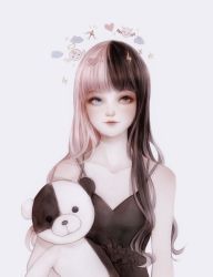Rule 34 | 1girl, bare shoulders, black hair, blue eyes, blunt bangs, brown eyes, closed mouth, collarbone, commentary, emoji, frills, heart, heterochromia, highres, lightning bolt symbol, long hair, looking away, multicolored hair, multiple straps, original, painting (medium), pink hair, simple background, sleeveless, smile, solo, spaghetti strap, split-color hair, star (symbol), stuffed animal, stuffed toy, symbol-only commentary, teddy bear, tency, traditional media, two-tone hair, upper body, watercolor (medium)
