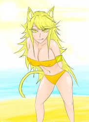 Rule 34 | 10s, 1girl, absurdres, akame ga kill!, animal ears, bikini, blonde hair, breasts, cat ears, cat tail, cleavage, highres, large breasts, leone (akame ga kill!), lion, looking at viewer, solo, swimsuit, tail, yellow eyes
