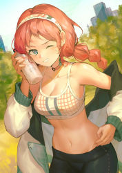 Rule 34 | 1girl, arknights, bare shoulders, blue eyes, blue poison (arknights), blue poison (shoal beat) (arknights), blue sky, bottle, breasts, chinese commentary, choker, cleavage, collarbone, commentary request, crop top, earrings, grin, hairband, hand up, hiroshiko (restart), holding, holding bottle, jacket, jewelry, long hair, long sleeves, looking at viewer, midriff, navel, off shoulder, official alternate costume, one eye closed, open clothes, open jacket, outdoors, pink hair, sky, small breasts, smile, solo, spaghetti strap, sports bra, stomach, upper body, white hairband, white jacket