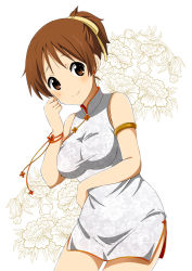 Rule 34 | 1girl, armlet, blush, breasts, brown hair, china dress, chinese clothes, dress, earrings, hair ribbon, hirasawa ui, jewelry, k-on!, large breasts, official style, ponytail, ragho no erika, ribbon, short hair, smile, solo