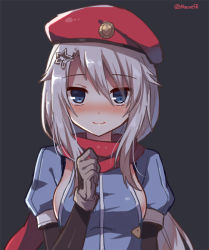 Rule 34 | 1girl, 9a-91 (girls&#039; frontline), beret, black background, blue eyes, blue jacket, blush, breasts, brown gloves, closed mouth, girls&#039; frontline, gloves, hair between eyes, hair ornament, hand up, hat, jacket, long hair, long sleeves, looking at viewer, mauve, medium breasts, nose blush, puffy short sleeves, puffy sleeves, red hat, red scarf, scarf, short sleeves, sideboob, silver hair, simple background, smile, solo, star (symbol), star hair ornament, twitter username, very long hair