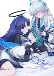 Rule 34 | 3girls, absurdres, doodle sensei (blue archive), black gloves, black pantyhose, blue archive, blue necktie, blush, breasts, closed eyes, closed mouth, collared shirt, female sensei (blue archive), formal, gloves, green eyes, green hair, grey hair, halo, highres, jacket, large breasts, long hair, mechanical halo, multiple girls, necktie, noa (blue archive), pantyhose, purple eyes, purple hair, sensei (blue archive), shirt, short hair, simple background, smile, suit, two-sided fabric, two-sided jacket, two side up, vivo (vivo sun 0222), white background, white jacket, white shirt, yuuka (blue archive)