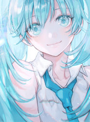 Rule 34 | 1girl, aqua eyes, aqua hair, aqua necktie, aqua theme, bare shoulders, closed mouth, collared shirt, colored eyelashes, earrings, hatsune miku, highres, jewelry, light particles, long hair, looking at viewer, makoto (roketto-massyumaro), necktie, shirt, sleeveless, sleeveless shirt, smile, solo, stud earrings, twintails, upper body, vocaloid, white background, white shirt