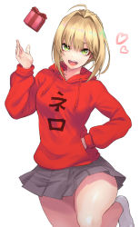Rule 34 | 1girl, ahoge, bare legs, blonde hair, box, braid, breasts, clothes writing, drawstring, fate/extra, fate (series), french braid, gift, gift box, green eyes, grey skirt, hair between eyes, hair bun, hair intakes, highres, hood, hooded sweater, large breasts, long hair, long sleeves, looking at viewer, nero claudius (fate), nero claudius (fate) (all), nero claudius (fate/extra), open mouth, re (re 09), red sweater, single hair bun, skirt, smile, solo, sweater, thighs
