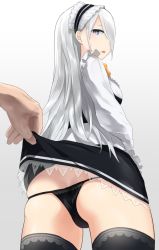 Rule 34 | 1girl, ass, assisted exposure, bad id, bad twitter id, black panties, black skirt, black thighhighs, blue eyes, bonnet, breasts, clothes lift, frills, from behind, from below, gradient background, grey background, hair over one eye, hakumei kosen, highres, lace, lace-trimmed skirt, lace trim, long hair, looking at viewer, looking back, medium breasts, open mouth, original, out of frame, panties, pov, pov hands, silver hair, skindentation, skirt, skirt lift, solo focus, tareme, thighhighs, thighs, underwear