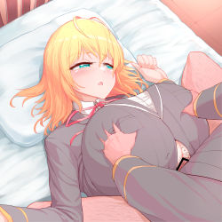 Rule 34 | 1boy, 1girl, :o, bar censor, bed, blonde hair, blue eyes, blush, breasts, censored, clothed sex, grabbing, grabbing another&#039;s breast, highres, large breasts, looking at viewer, lying, male pubic hair, medium hair, olivia (mobseka), on back, on bed, on person, open mouth, otome game sekai wa mob ni kibishii sekai desu, paizuri, paizuri under clothes, pt, pubic hair, school uniform, straddling, straddling paizuri, stray pubic hair
